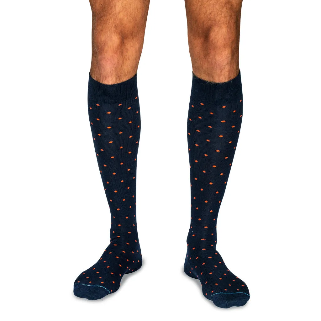 Orange Dots on Navy Merino Wool Over the Calf Dress Socks