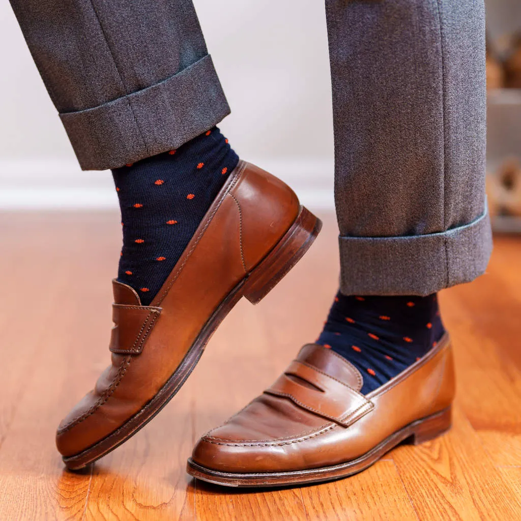 Orange Dots on Navy Merino Wool Over the Calf Dress Socks