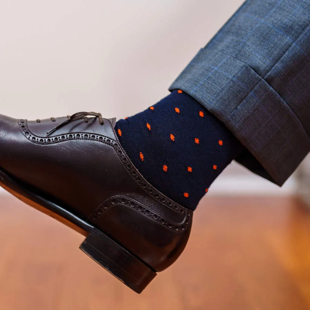 Orange Dots on Navy Merino Wool Over the Calf Dress Socks