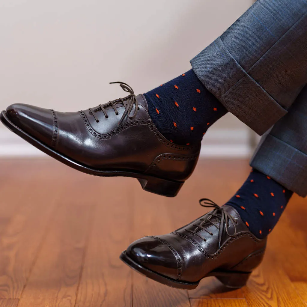 Orange Dots on Navy Merino Wool Over the Calf Dress Socks