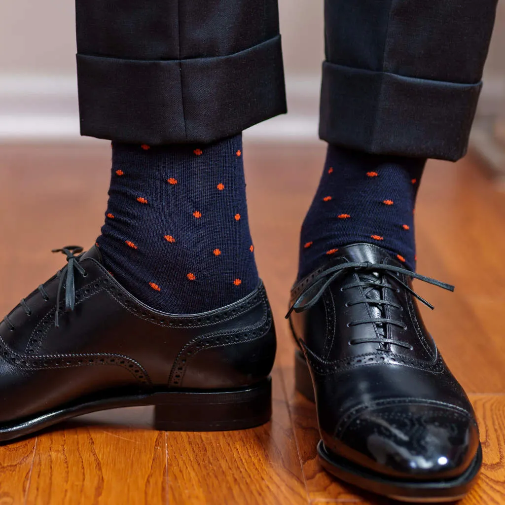 Orange Dots on Navy Merino Wool Over the Calf Dress Socks