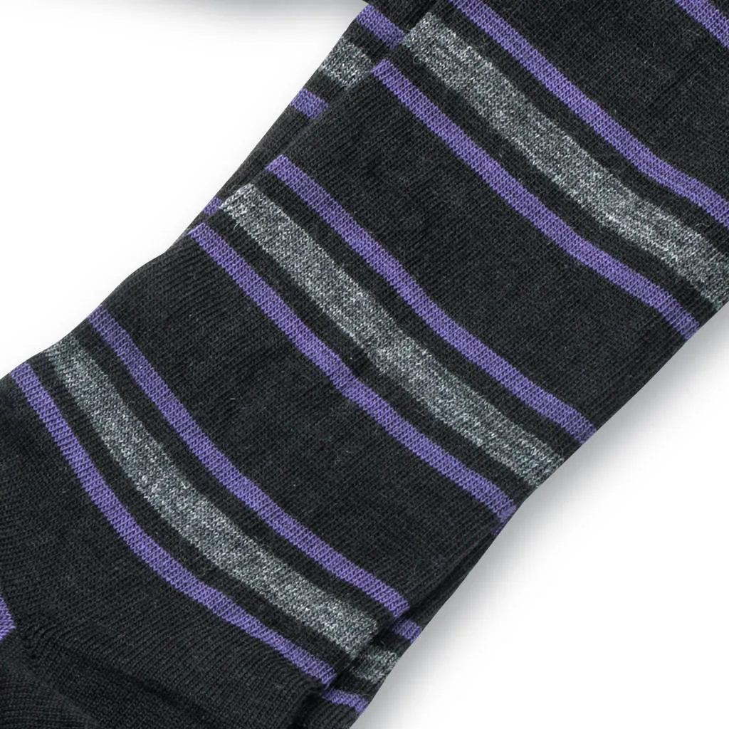 Purple and Grey Stripes on Black Merino Wool Over the Calf Dress Socks