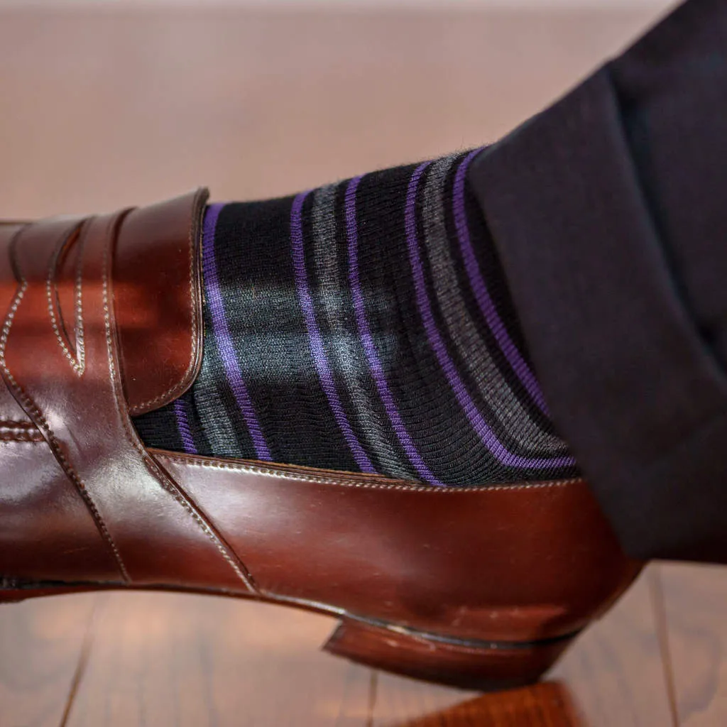 Purple and Grey Stripes on Black Merino Wool Over the Calf Dress Socks