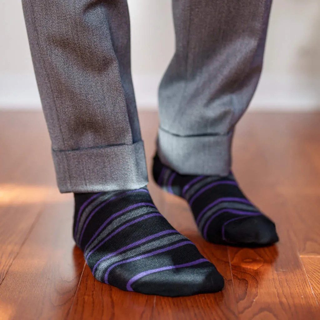 Purple and Grey Stripes on Black Merino Wool Over the Calf Dress Socks