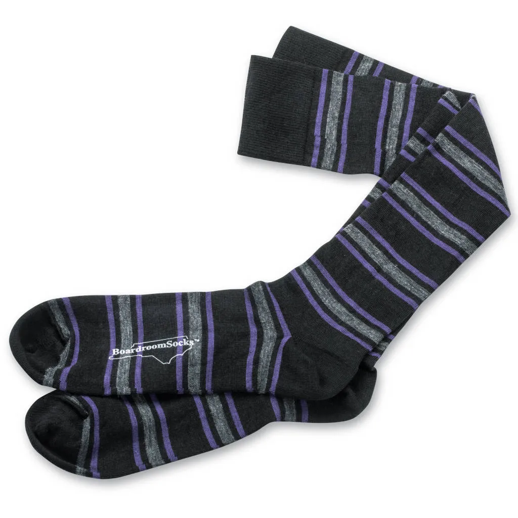 Purple and Grey Stripes on Black Merino Wool Over the Calf Dress Socks