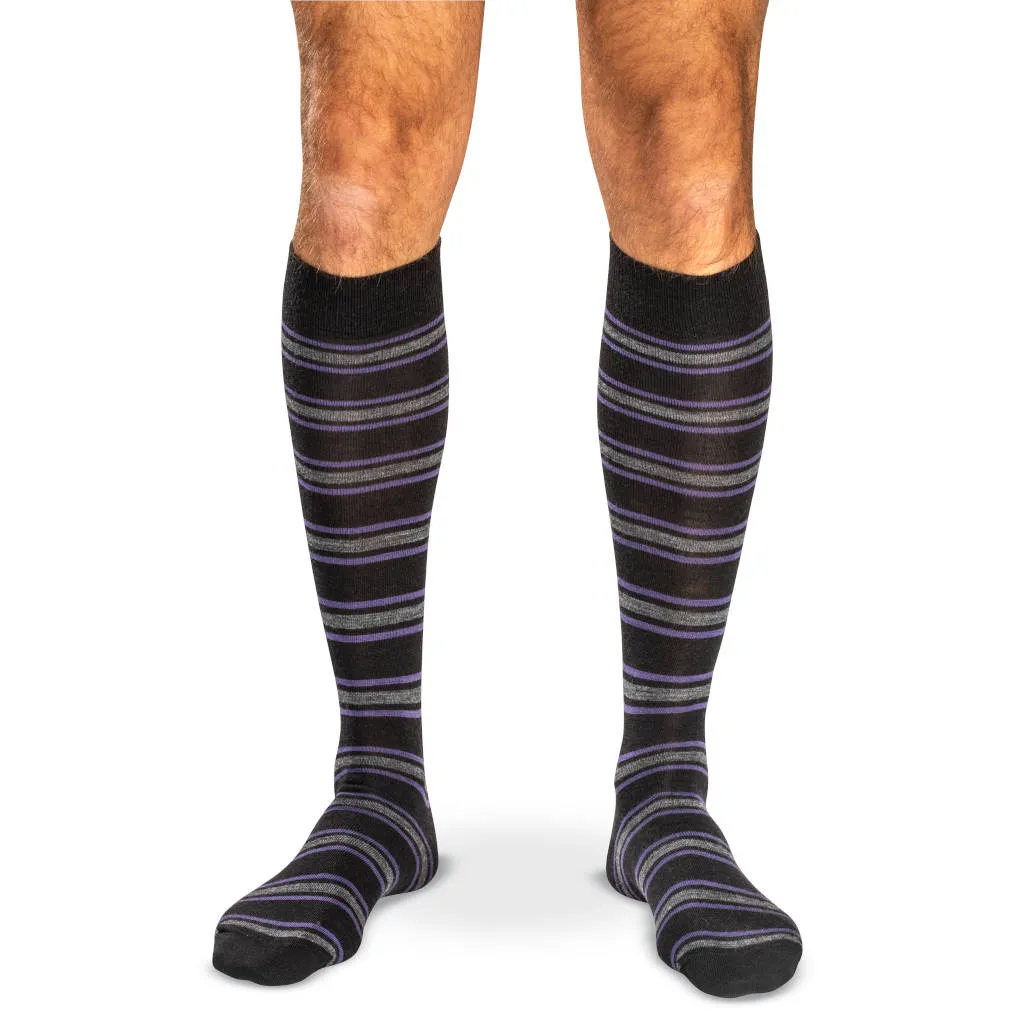 Purple and Grey Stripes on Black Merino Wool Over the Calf Dress Socks