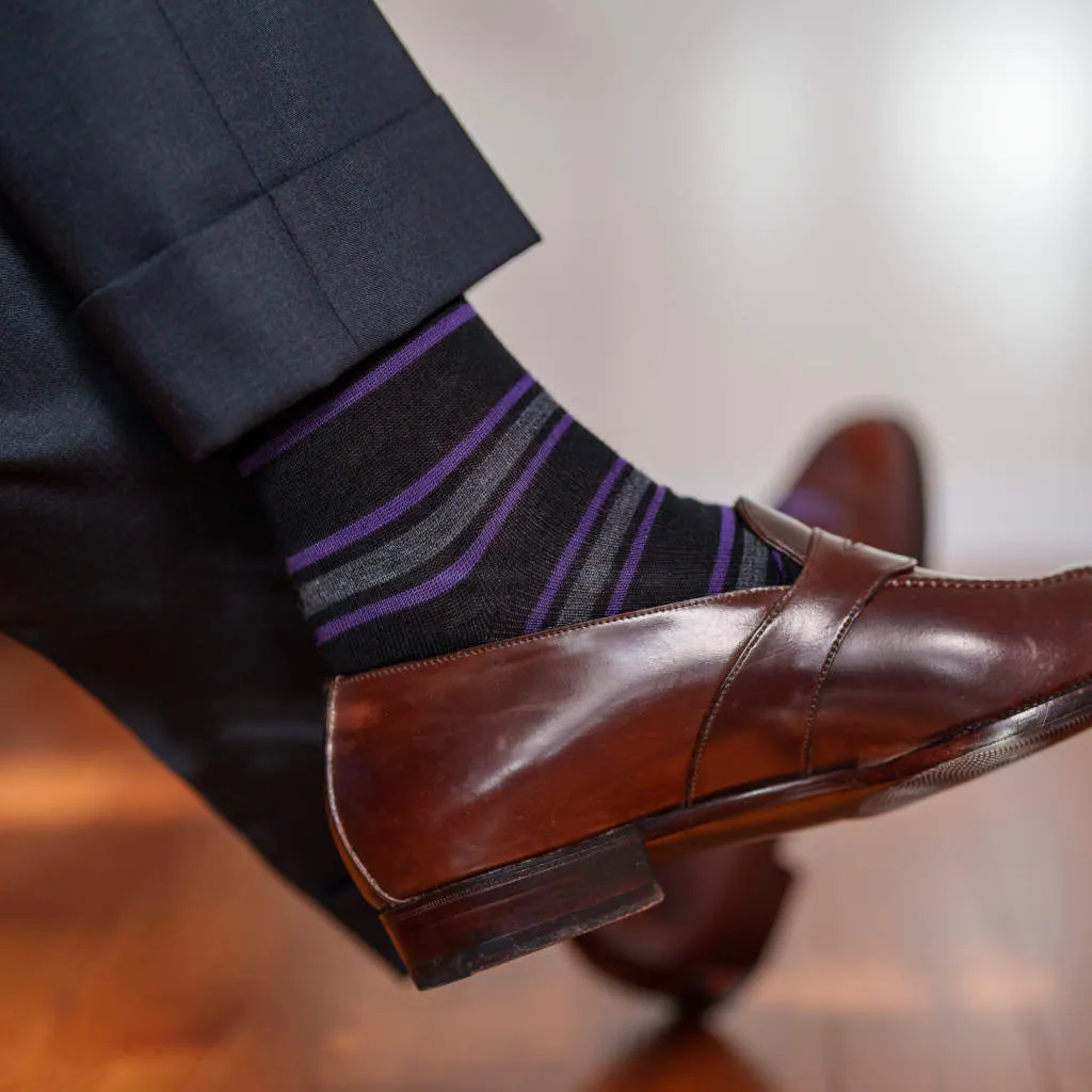 Purple and Grey Stripes on Black Merino Wool Over the Calf Dress Socks