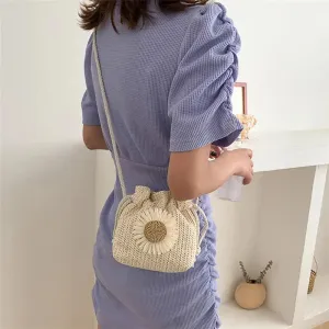 Rattan Woven Women Straw Bag Handbag Knit Flower Summer Beach Woman Shoulder Messenger Khaki Beige Bags Fashion Creative