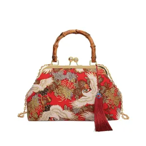 Red Floral Cranes Print Bamboo Handle Purse