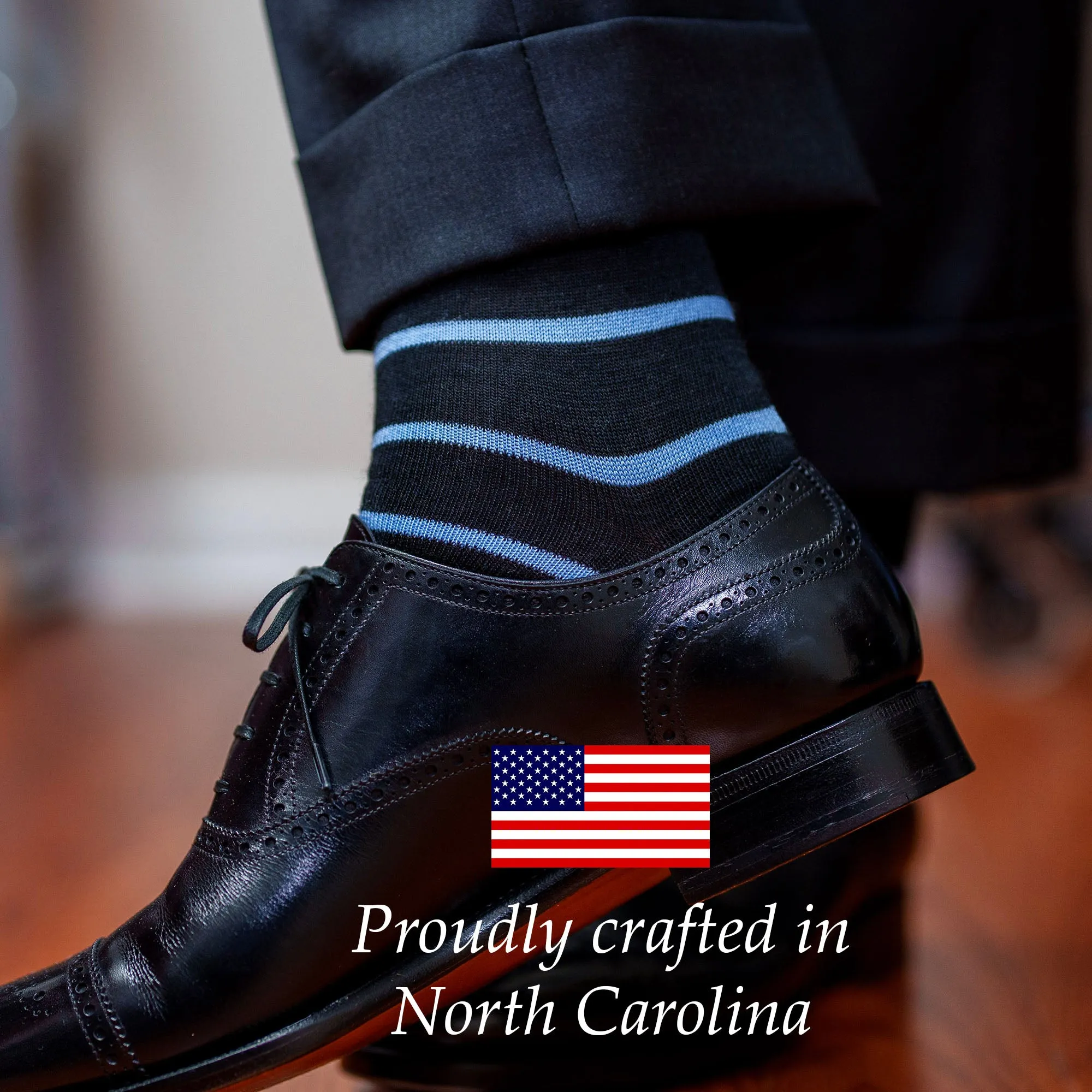 Sky Blue and Black Striped Merino Wool Mid Calf Dress Socks