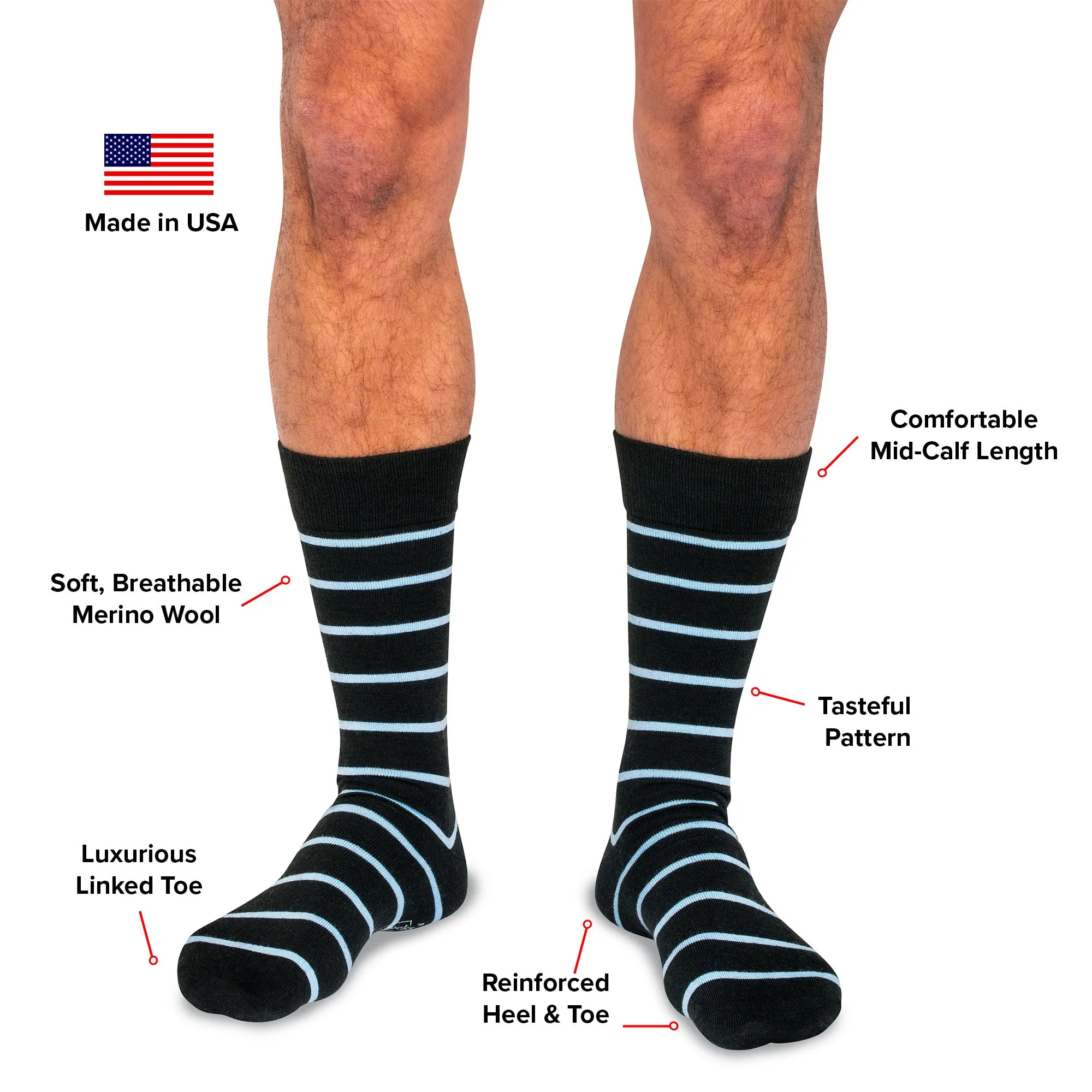 Sky Blue and Black Striped Merino Wool Mid Calf Dress Socks