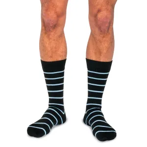 Sky Blue and Black Striped Merino Wool Mid Calf Dress Socks