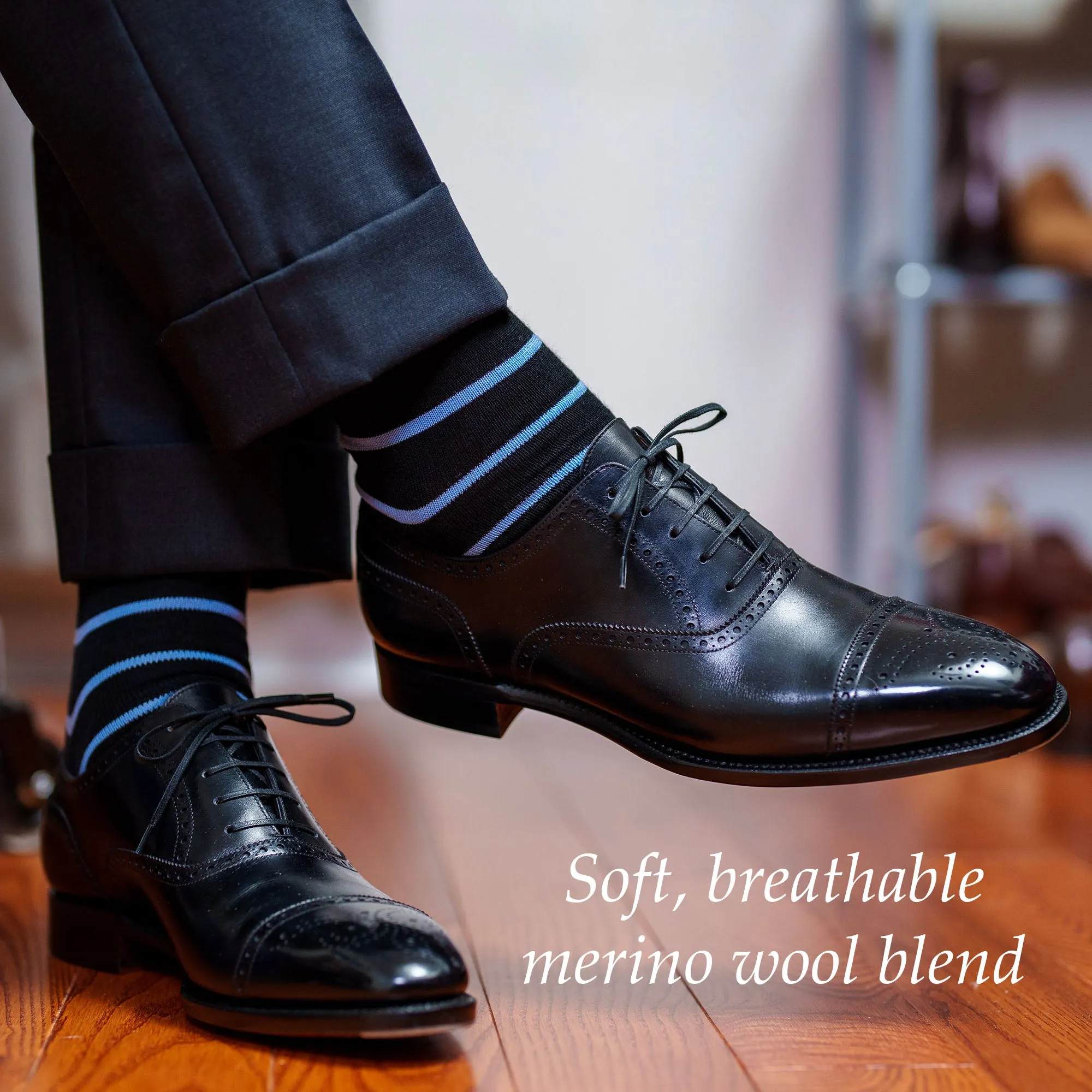 Sky Blue and Black Striped Merino Wool Mid Calf Dress Socks