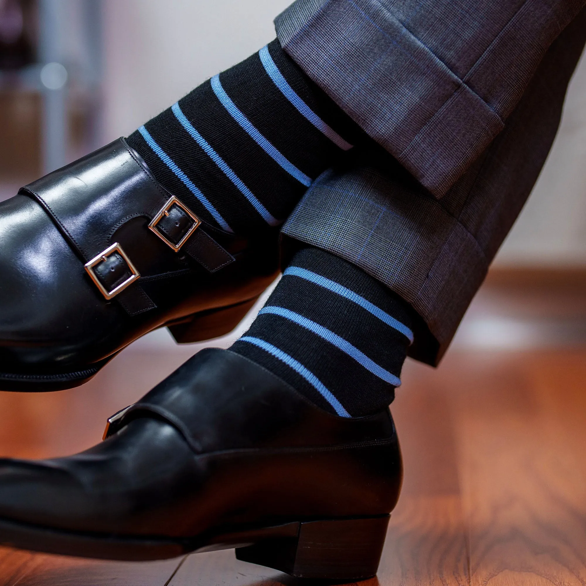 Sky Blue and Black Striped Merino Wool Mid Calf Dress Socks