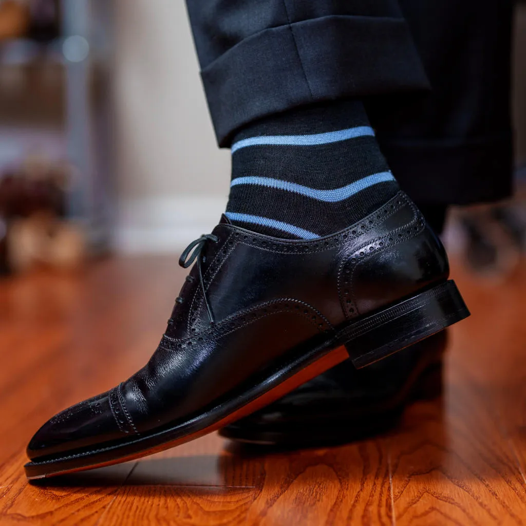 Sky Blue and Black Striped Merino Wool Over the Calf Dress Socks