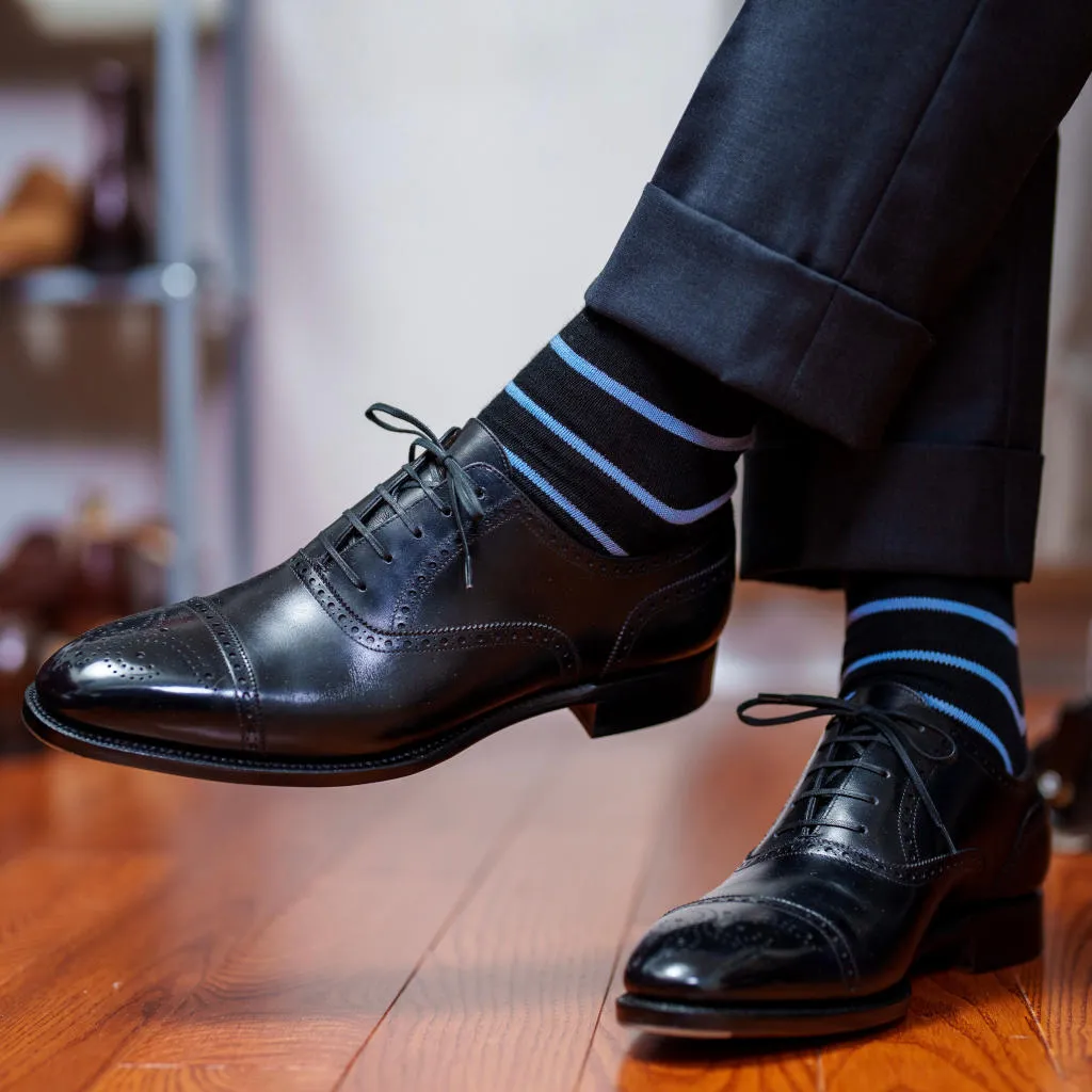 Sky Blue and Black Striped Merino Wool Over the Calf Dress Socks