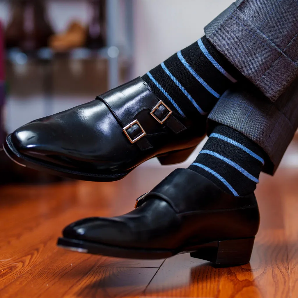 Sky Blue and Black Striped Merino Wool Over the Calf Dress Socks