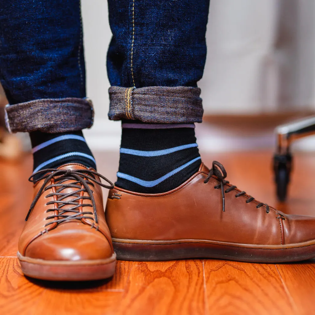 Sky Blue and Black Striped Merino Wool Over the Calf Dress Socks