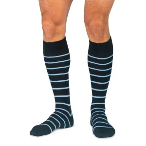 Sky Blue and Black Striped Merino Wool Over the Calf Dress Socks