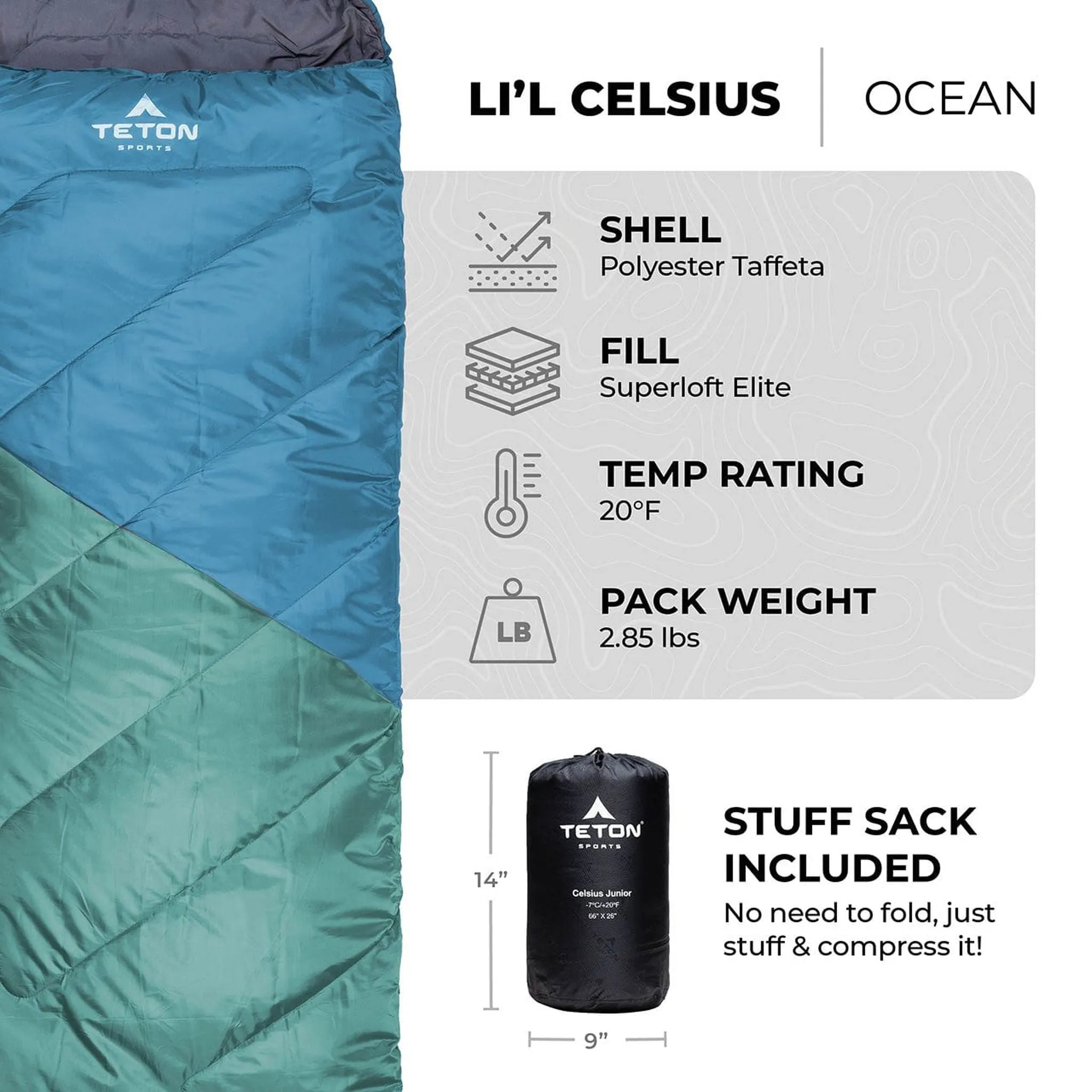 Teton Sports Li'l Celsius -7˚c/20˚f Kids Sleeping Bag in Ocean and Grey