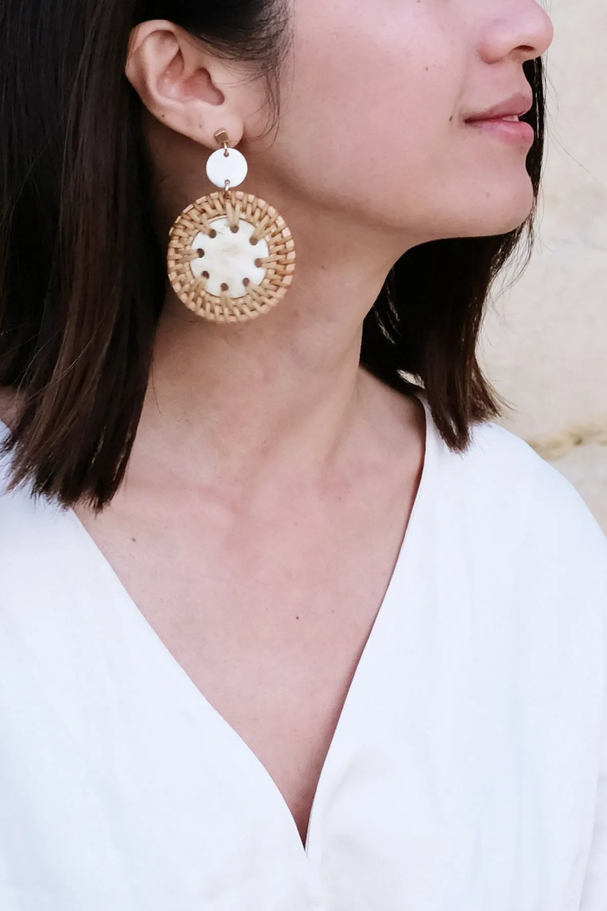 Thuy Binh Buffalo Horn & Handwoven Rattan Dangle Earrings