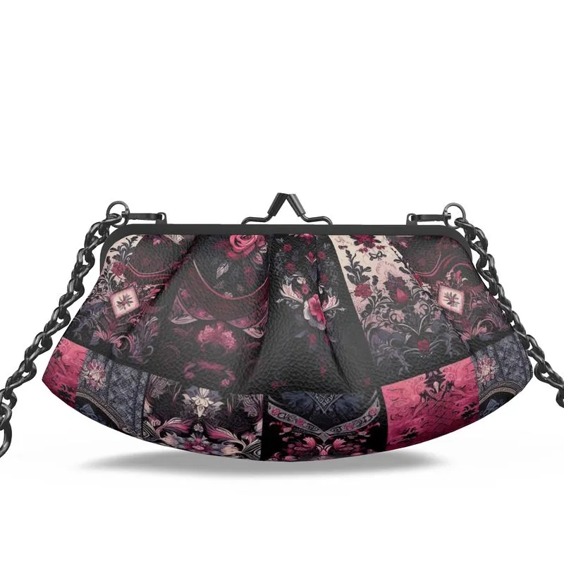 Vampire Art Grunge Victorian Patchwork Premium Nappa Leather Pleated Clutch Bag - Black and Pink